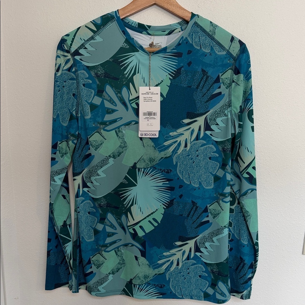 Bass Pro Shops Teal & Navy Tropical Leaf Long Sleeve Tee